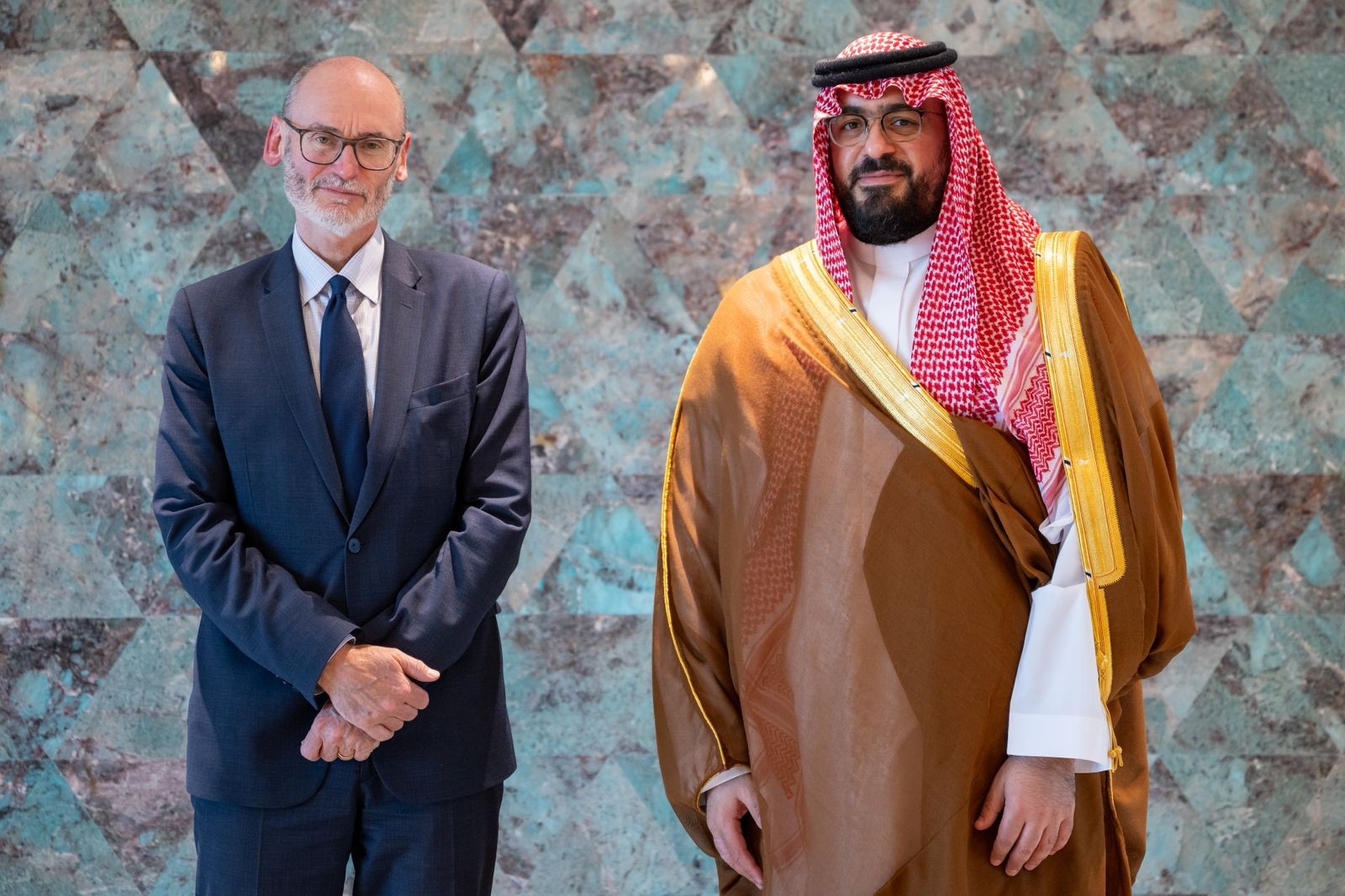 His Excellency Faisal F. Alibrahim, Minister of Economy and planning, with UK Ambassador to Saudi Arabia, Stephen Hitchen